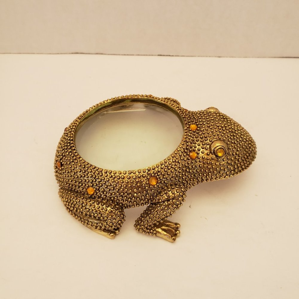 Vintage Jeweled Metal Frog Magnifying Glass Paperweight